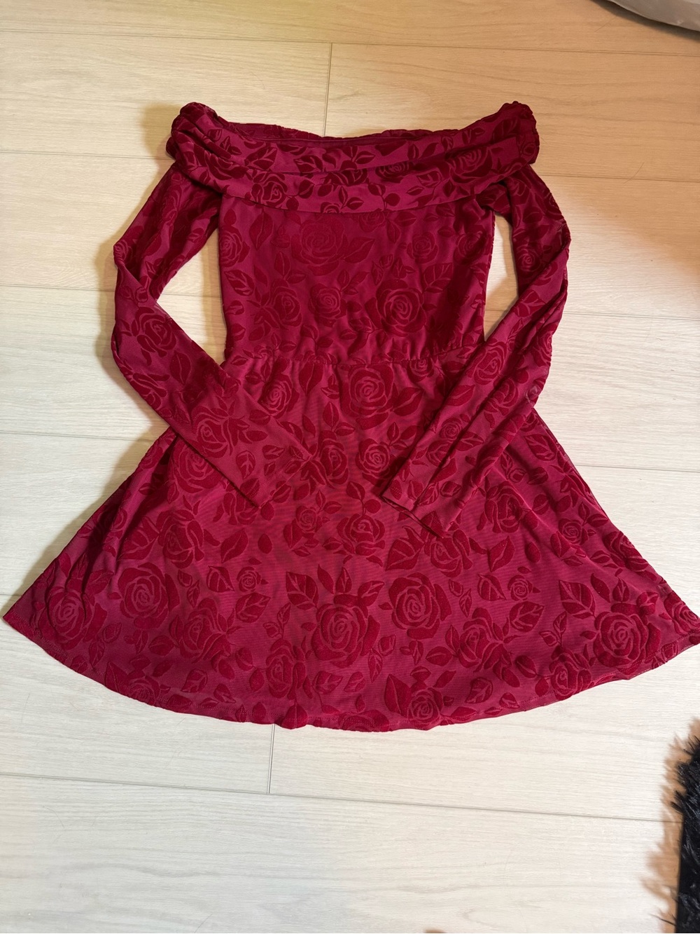 Wild Fable Burgundy Off-Shoulder Rose Jacquard Fit & Flare Dress in Wine Red